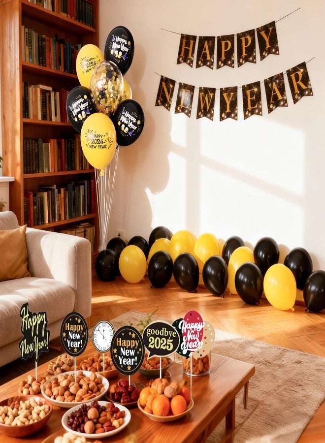 Haolongfa Happy New Year Party Decorations, Black & Gold Balloons, Happy New Year Banner, Cupcake Toppers, New Years Eve Decorations 2026 for Countdown, Apartment, Office,Intimate Family Gathering - Image 4